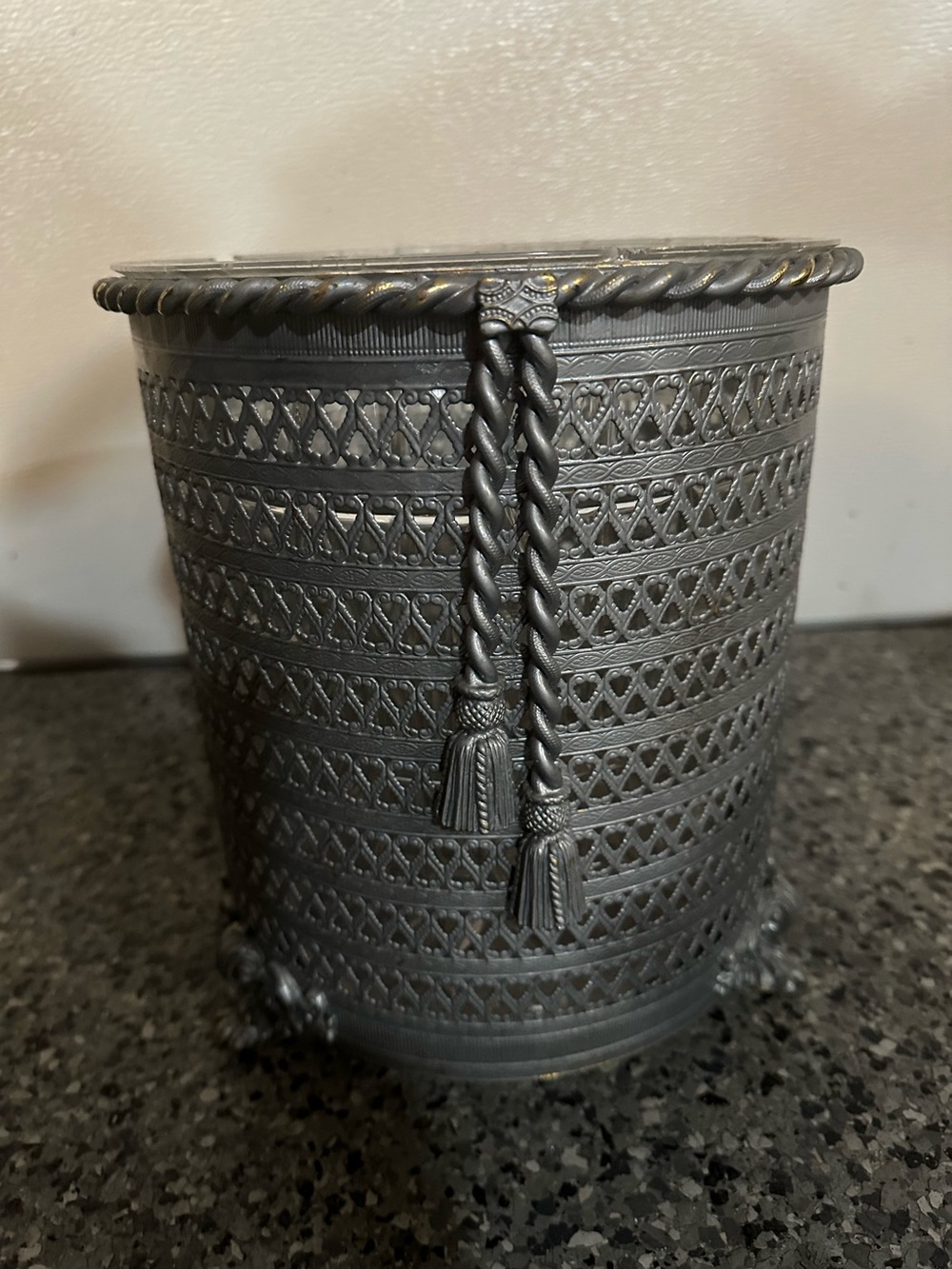 Hollywood Regency Gold Filigree Scroll Footed Trash Can & Liner MCM Vintage Rope